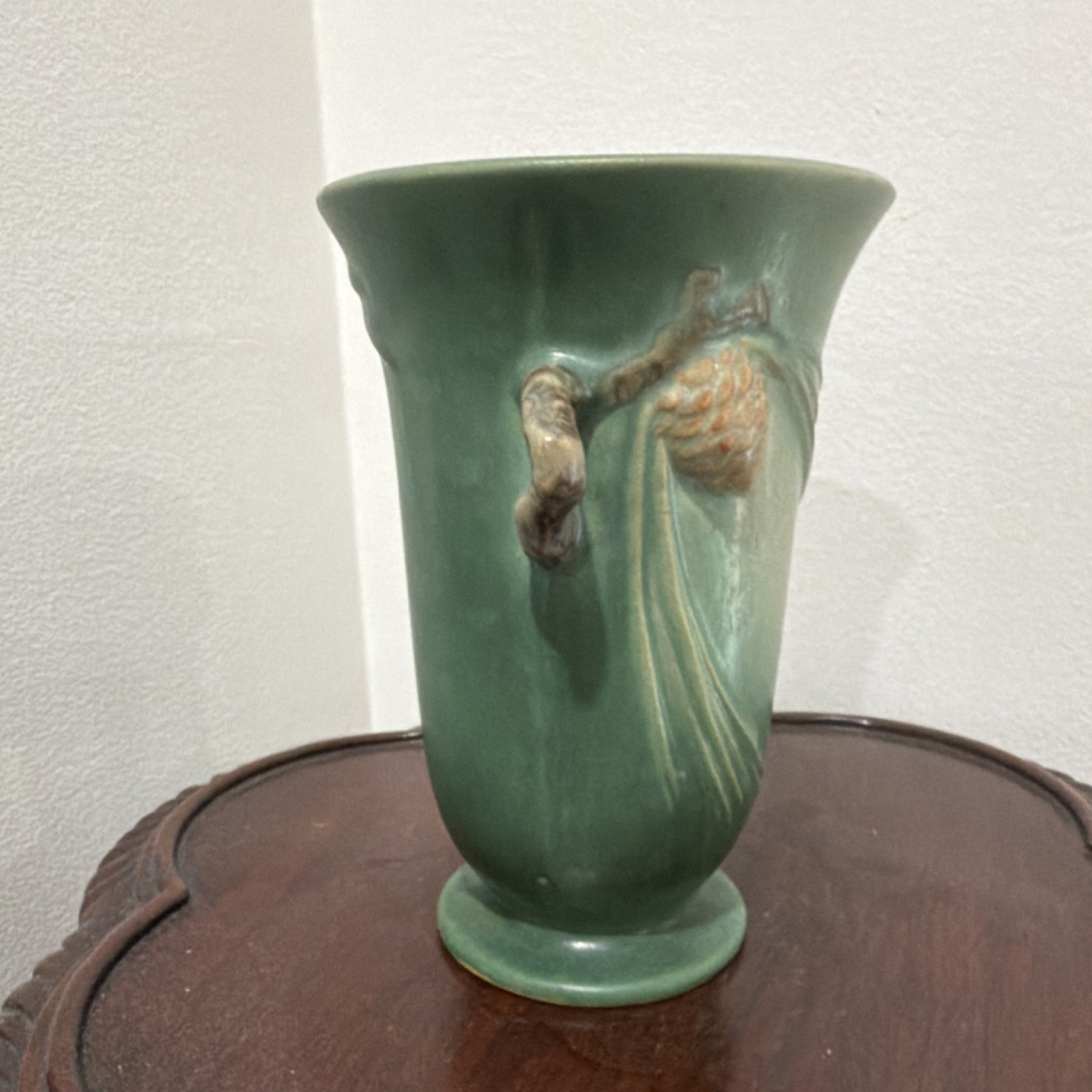 Roseville Pinecone Green Ceramic Matte Vase Art Pottery 838 -6 Decorative Handle