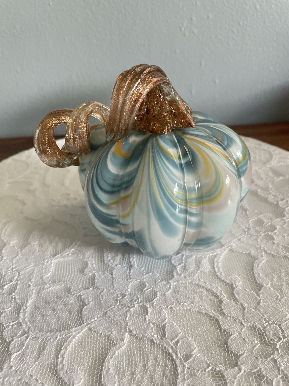 Art Glass Swirl Pumpkin Blue Mauve Gold Swirl with Gold Stem 4 in