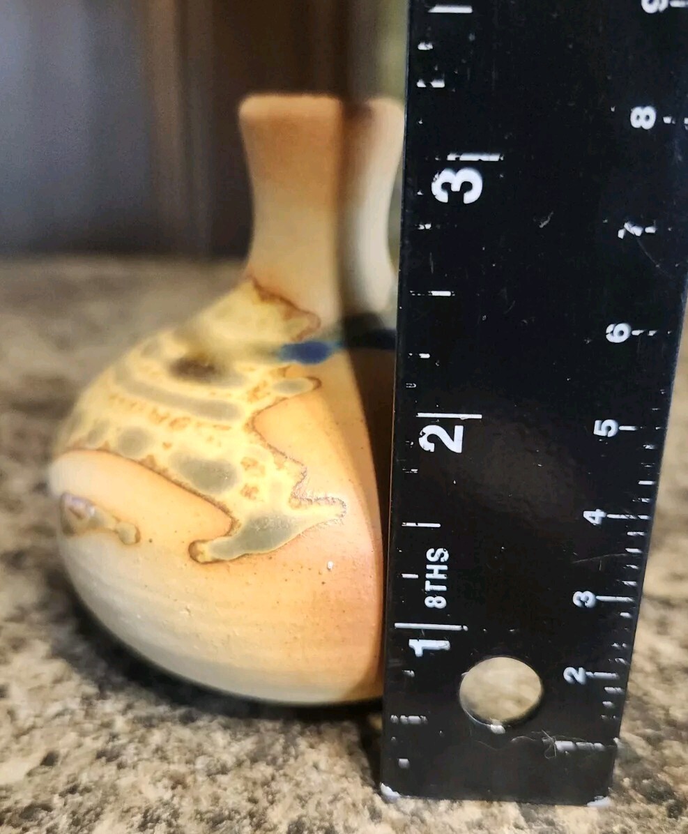 Studio Art Pottery Vase Drip Glaze 3.5″ Blue White Rust Tan Bud Rustic Vessel