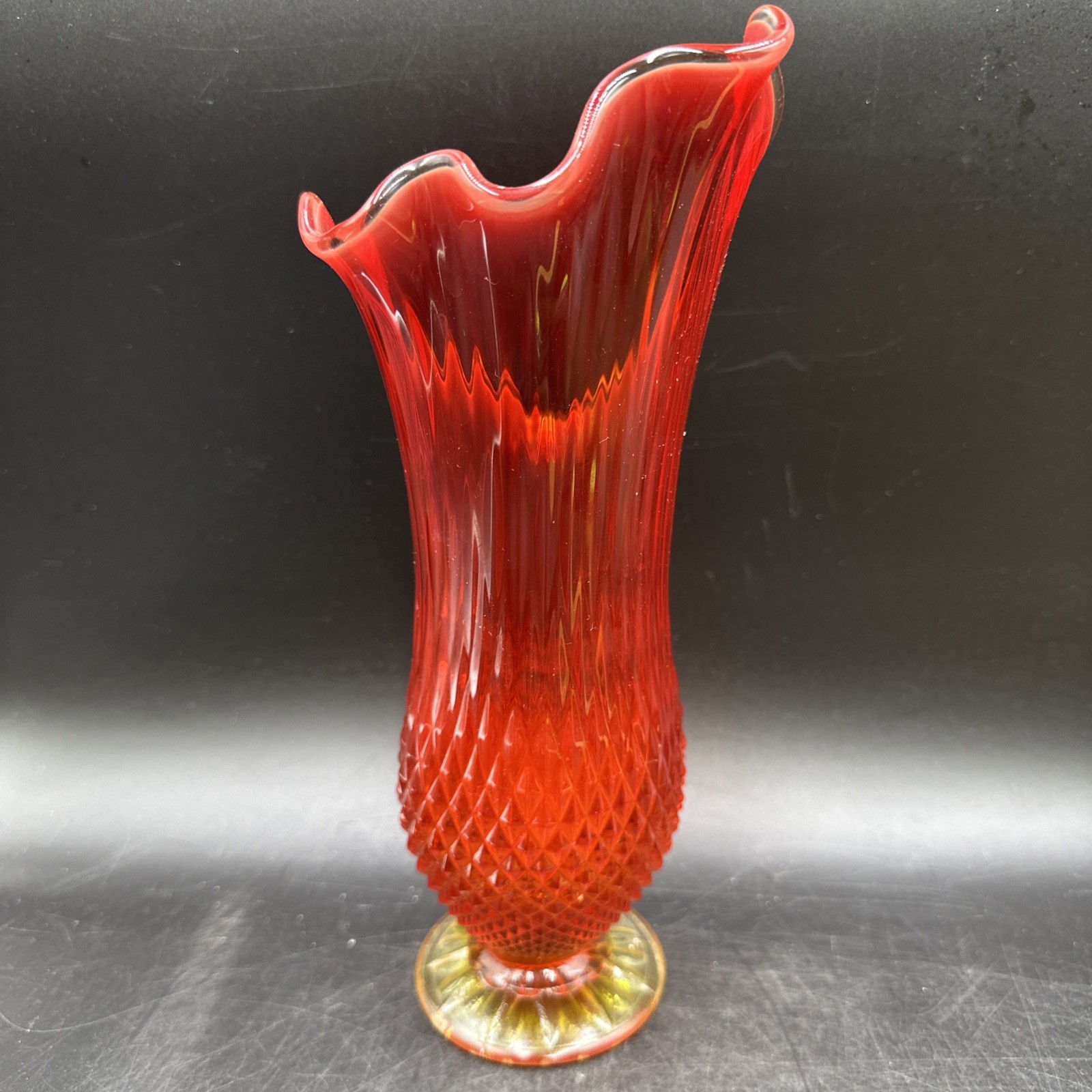 Vintage Fenton? Stretch Swung Amberina Diamond Point Footed Art Glass Vase 11”