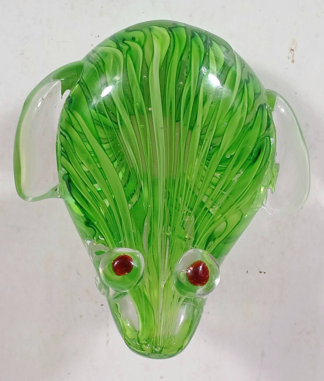 Murano Style Glass Frog Figurine Paperweight Green Swirls Red Eyes 1 lb 6 oz