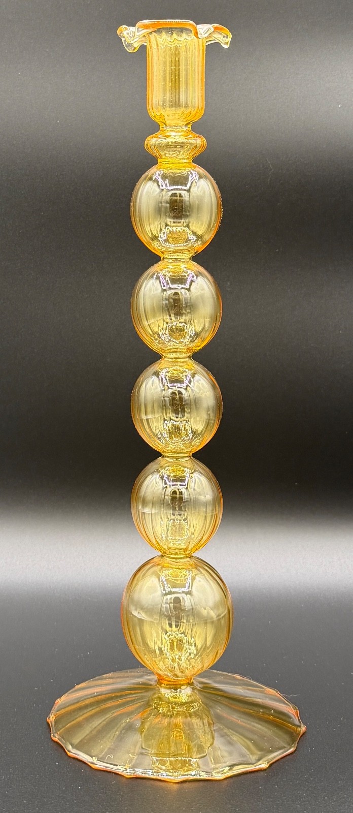 Tall Amber Yellow Venetian Glass Hand Blown Candlestick – Ribbed Balls – MCM EX!