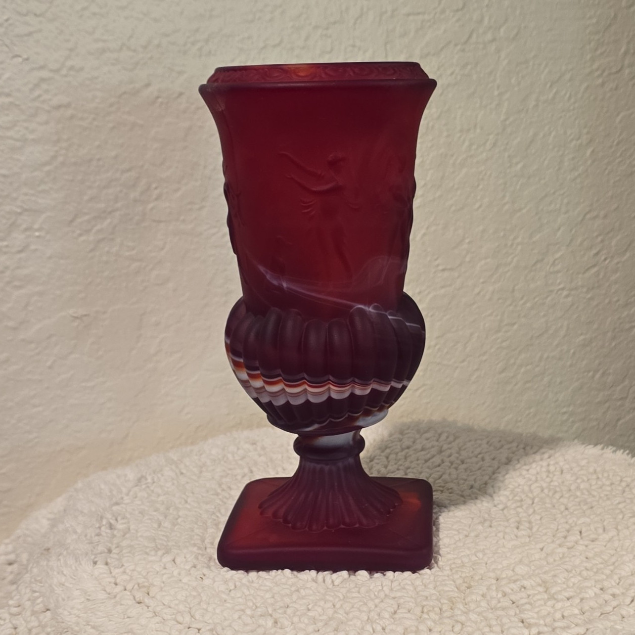 Vintage Imperial Glass Ruby Red Slag Glass Dancing Nymphs Urn Vase Grecian 8.5″