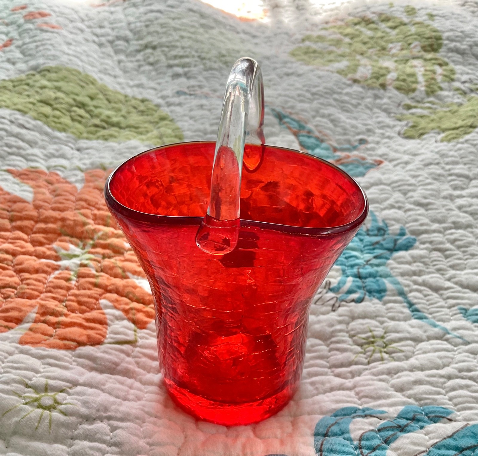 Set of 2 Vintage Pilgrim Hand Blown Glass Baskets, Crackled Glass, Orange Red,5″
