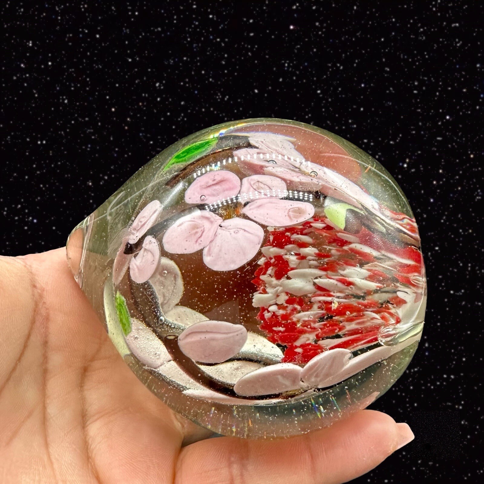 Czech Art Glass Peach Shaped Paperweight Cherry Blossom Tree Glass Orb Round 3”W