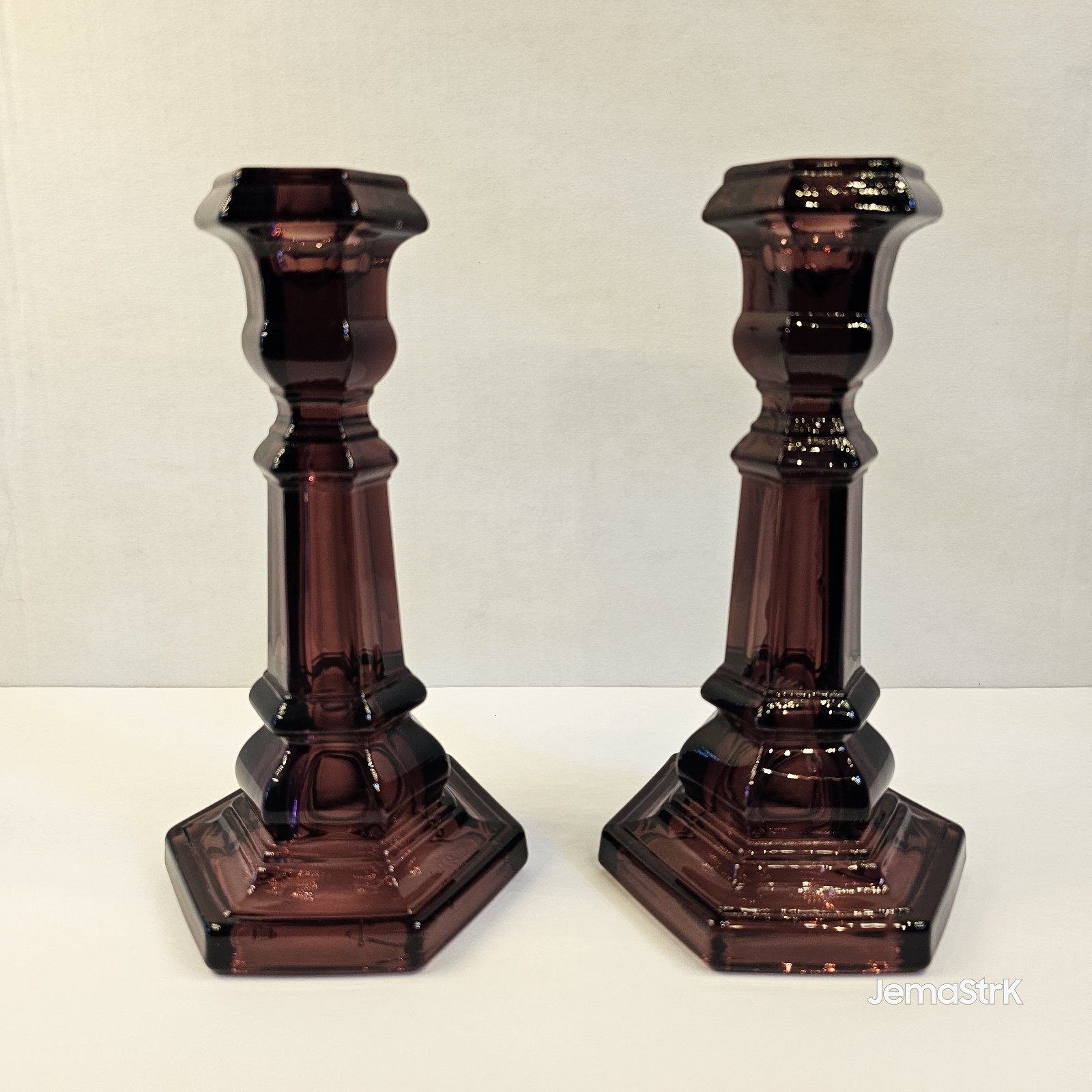 VTG 7.5″ Amethyst Glass Candlestick Pair Purple Hexagonal Metropolitan MUSEUM