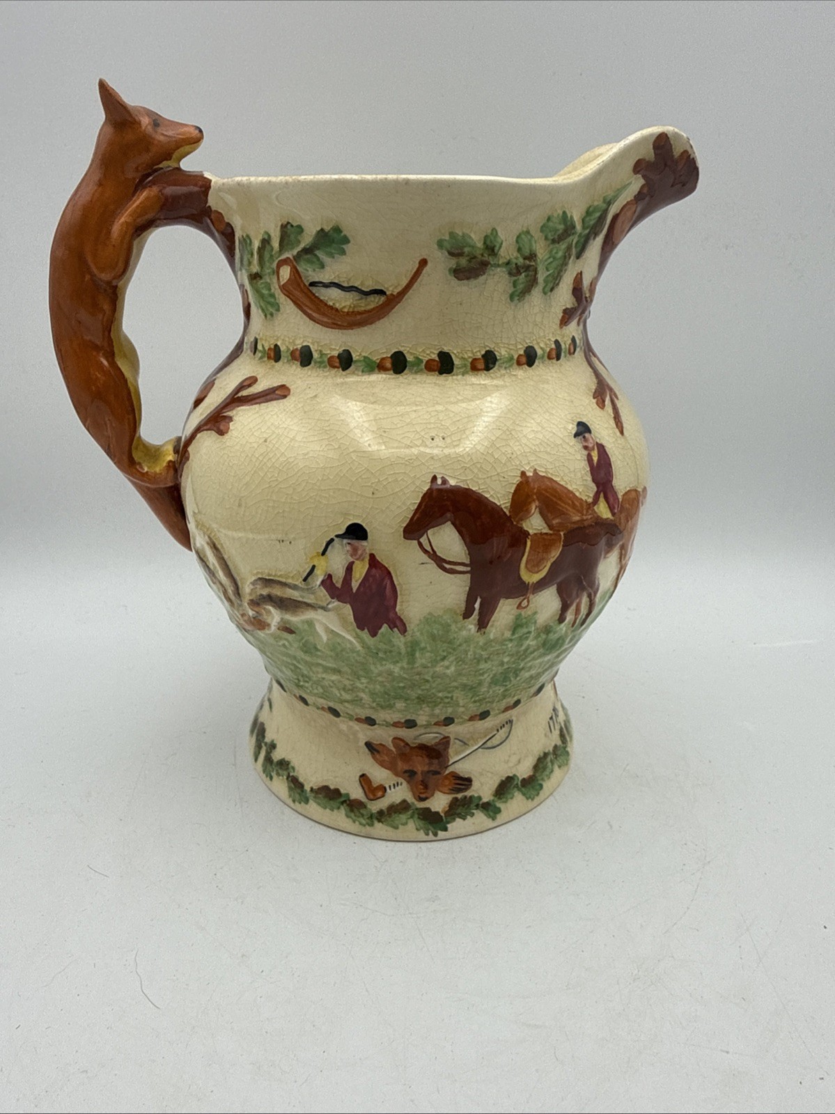 Vintage Crown Devon John Peel Musical Jug Pitcher – Fox Hunt Scene Horses *READ*