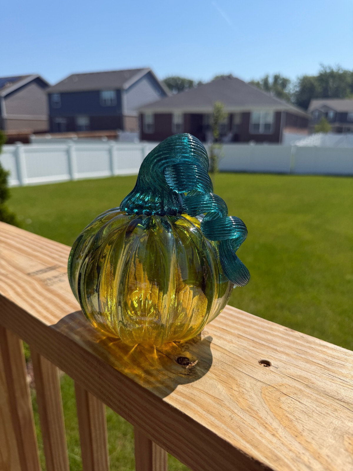 Hand Blown Art Glass Pumpkin Green Yellow Swirl Decorative Fall Harvest 5-6”