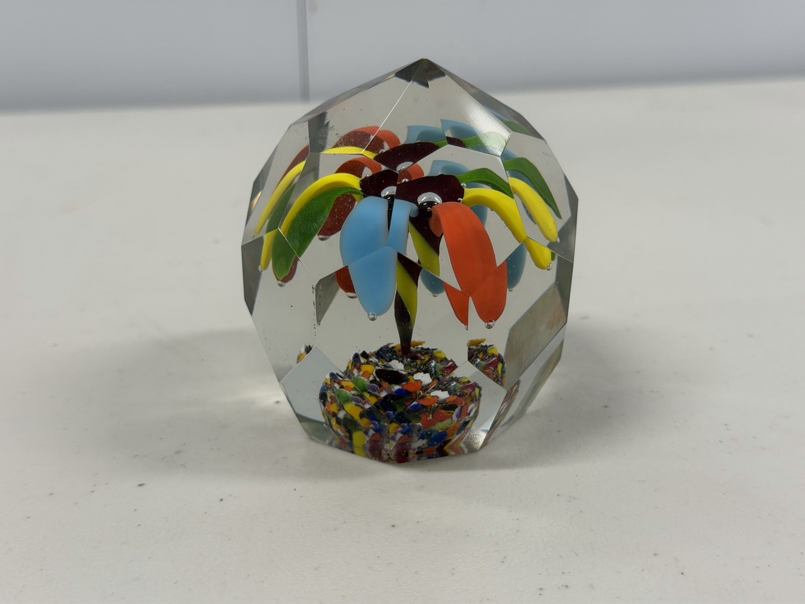 Vintage Bohemian Czech Multi Faceted Glass Flower / Tree Paperweight Multi-Color