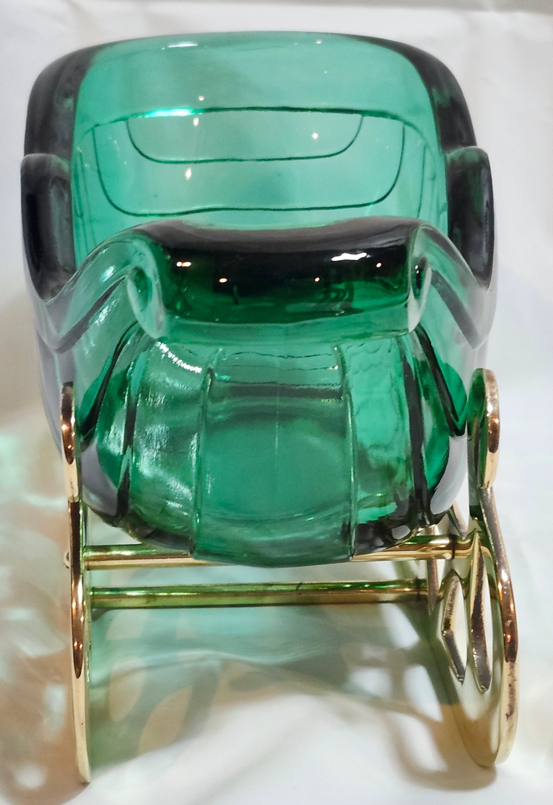 Fenton Green Glass Sleigh Candy Dish With Brass Runner Base