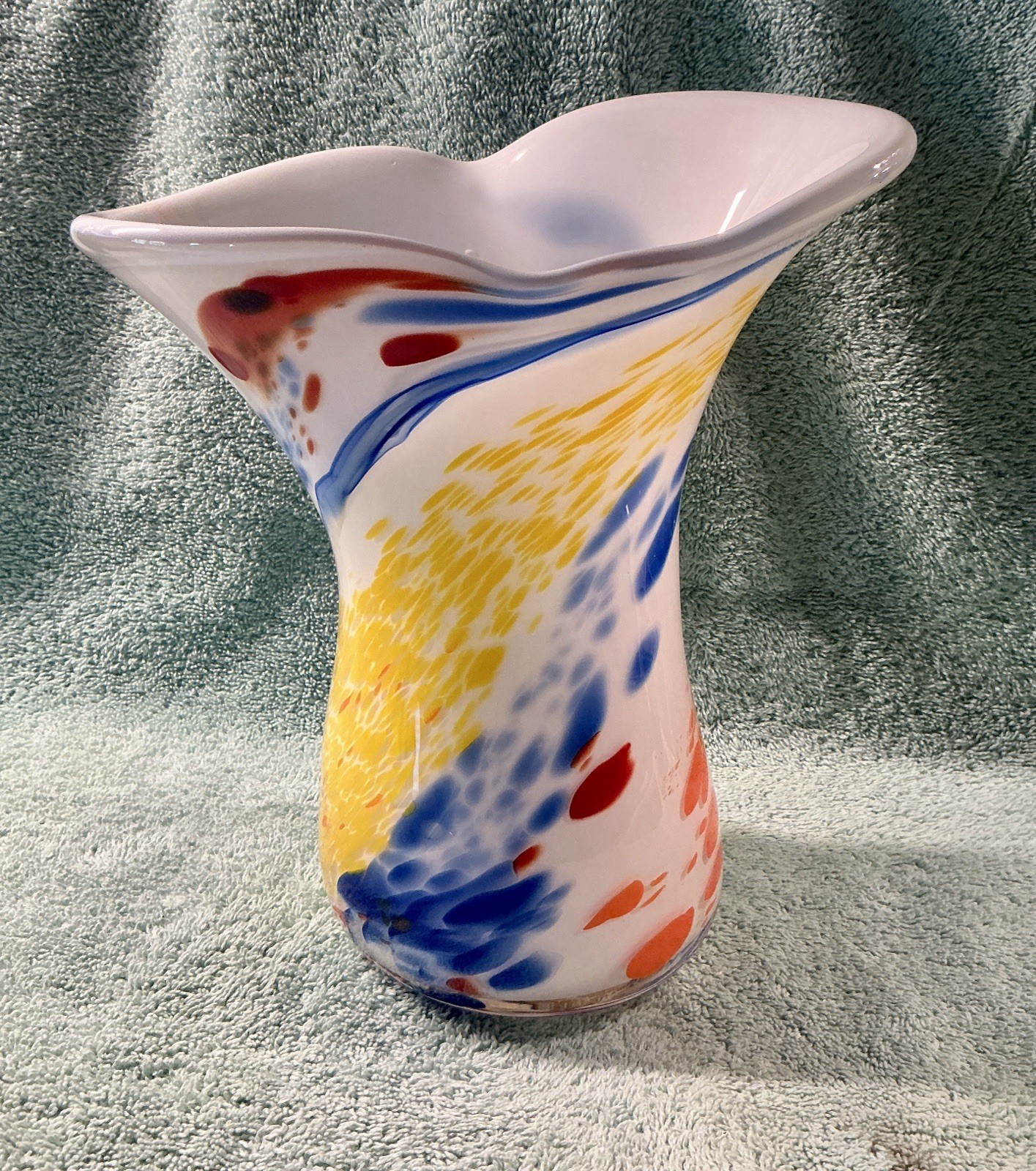 MCM Hand-Blown Multicolored Spatter on White Opal Glass Vase