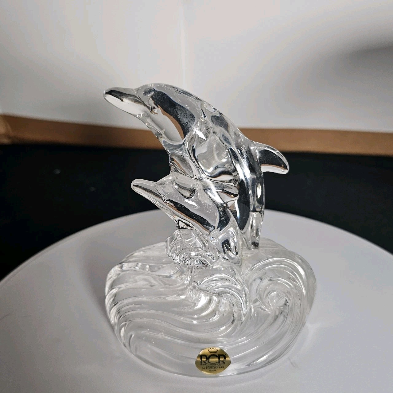 RCR Royal Crystal Rock Italy 24% Lead Crystal Leaping Dolphin And Calf Figurine