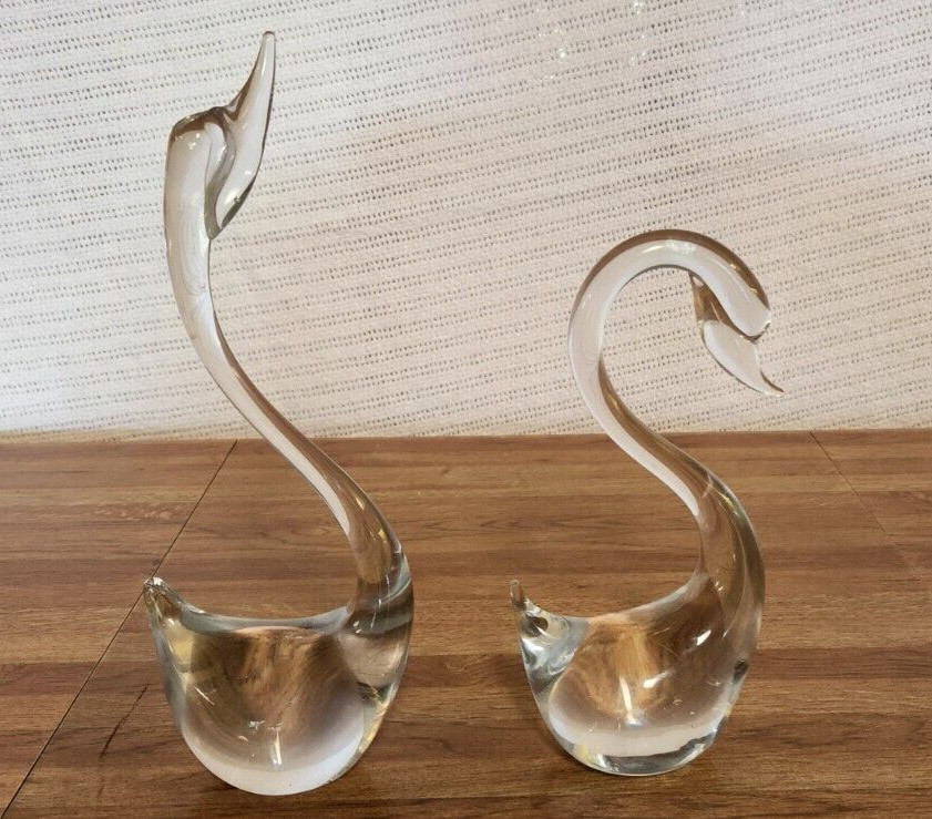 Vintage Clear Solid Hand Made Crystal SWANS Lot of 2