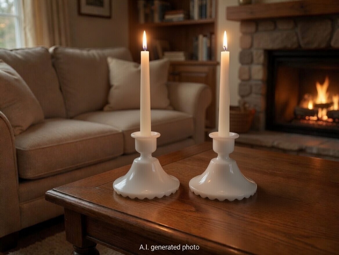 Milk glass candle stick holders (2), excellent condition