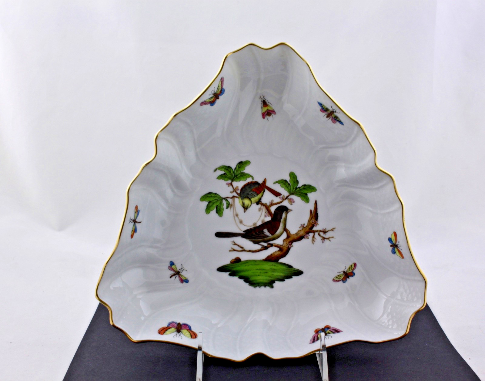 HEREND HUNGARY ROTHSCHILD BIRD PORCELAIN TRIANGLE DISH/BOWL – MINT