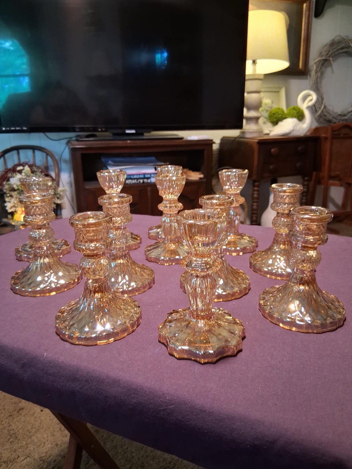 Lot of 12 Iridescent Golden Glass Candlestick Candle Holders Decorative 4 in