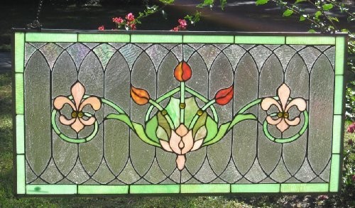 Tiffany Style Stained Glass Transom Window Panel Fleur De Lis 32″ x 16″ Decor
