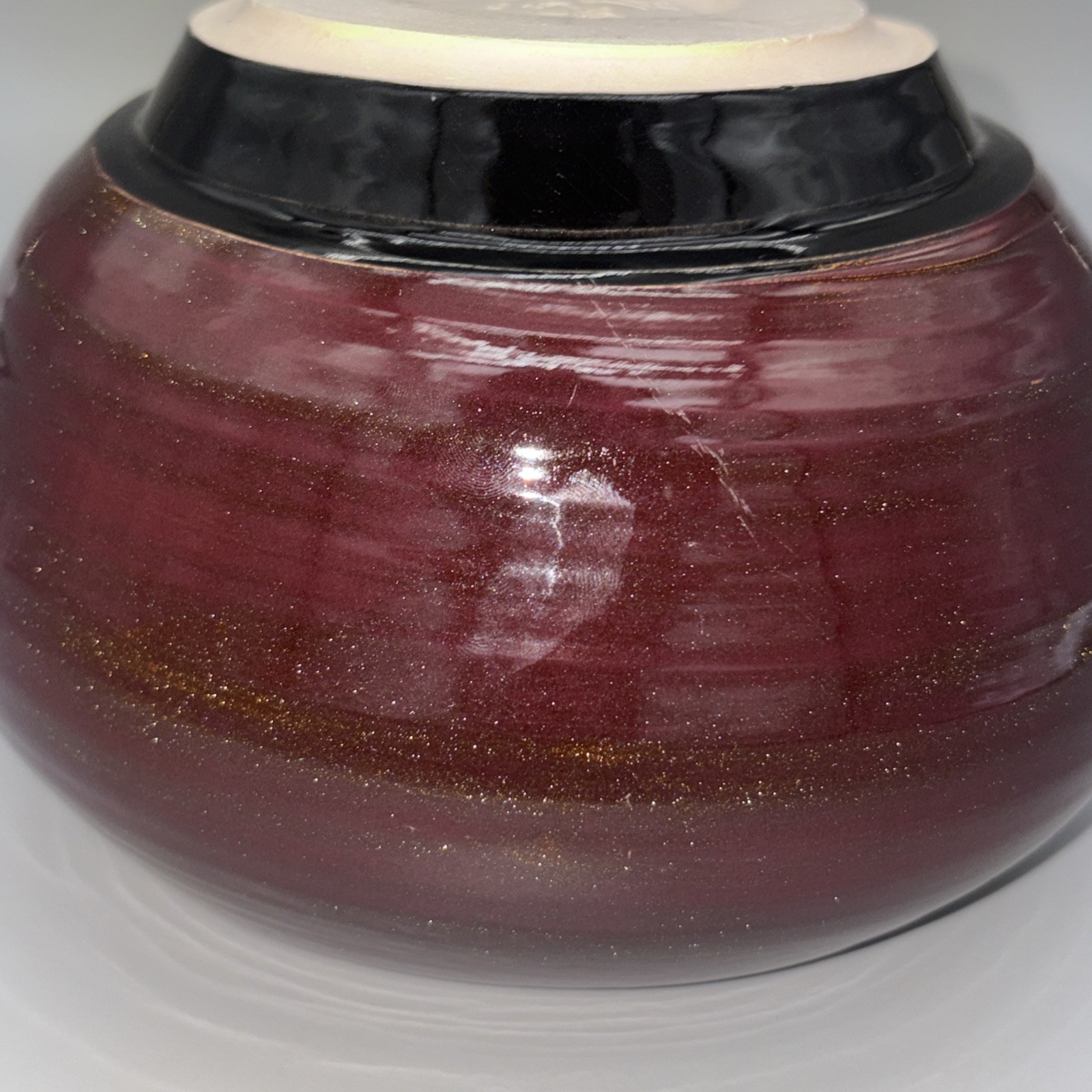 Signed Studio Art Pottery Squat Vase 2006 Maroon Gold Glitter Glaze 7″