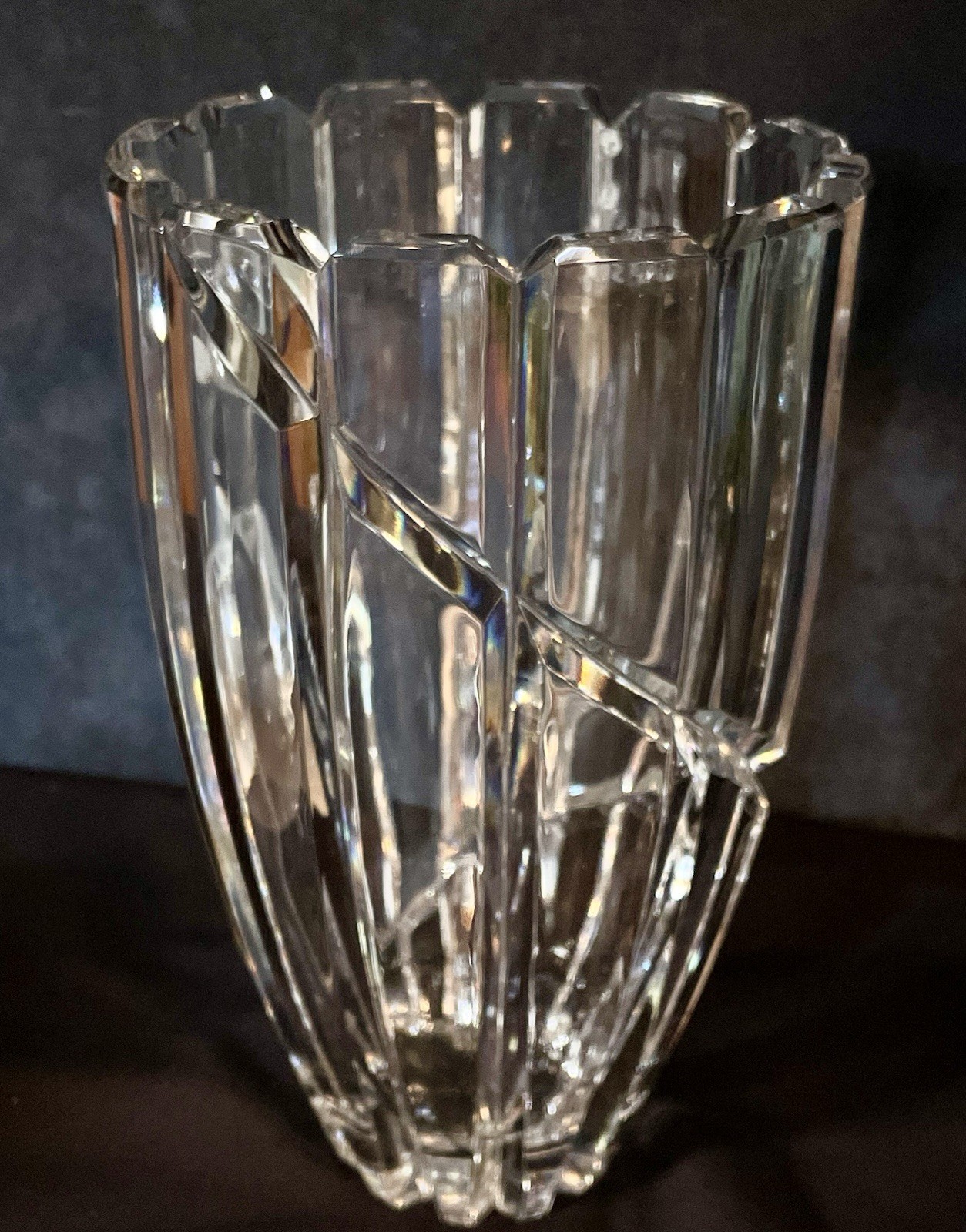 VINTAGE MIKASA UPTOWN VASE, HEAVY CRYSTAL w DEEP CUT VERTICAL & SWIRL, SLOVENIA
