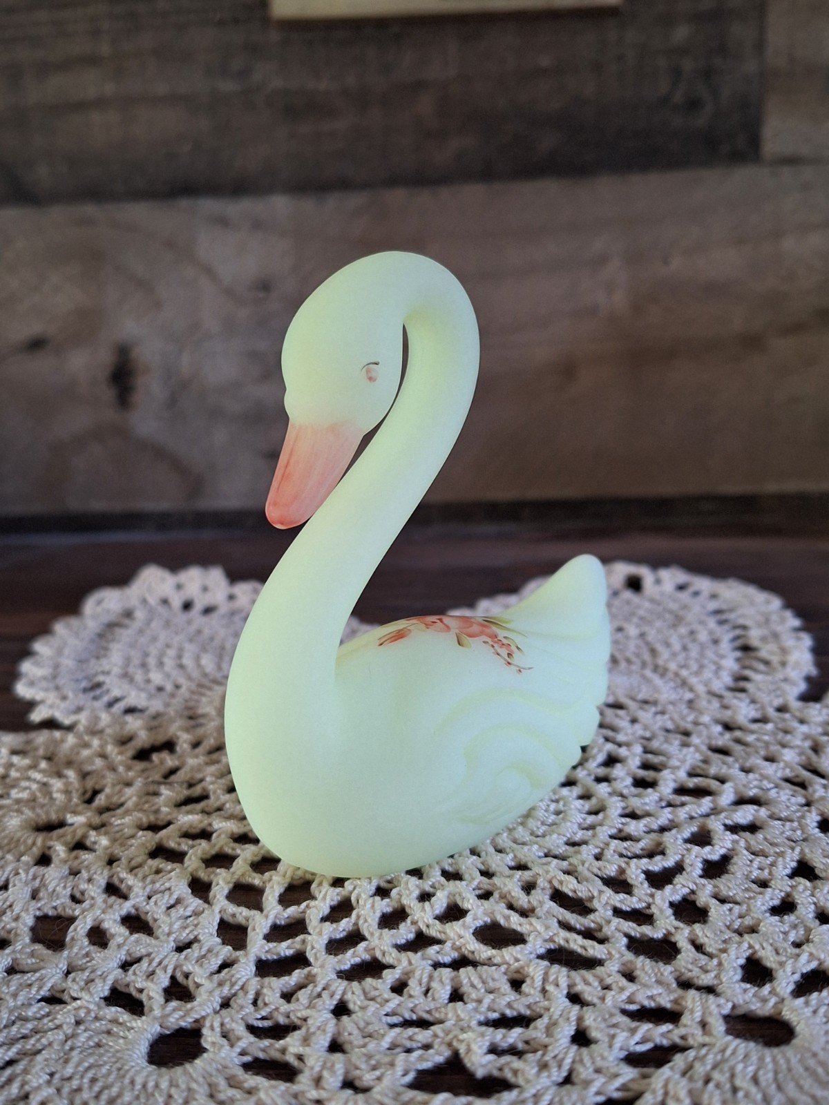Fenton Roses On Custard Swan Uranium Glass UV Reactive Hand Painted Signed