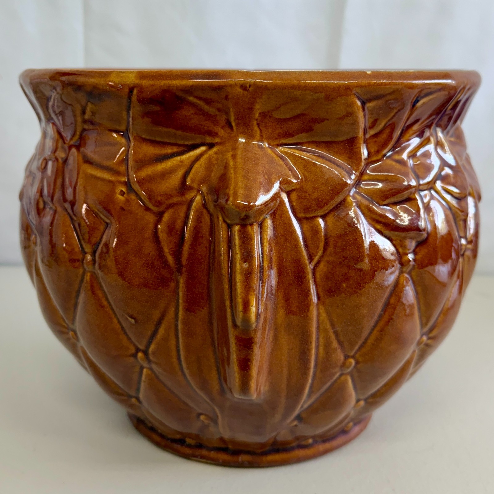 Vintage McCoy 1488 Brown Quilted Leaf Jardiniere Planter 8.75in USA
