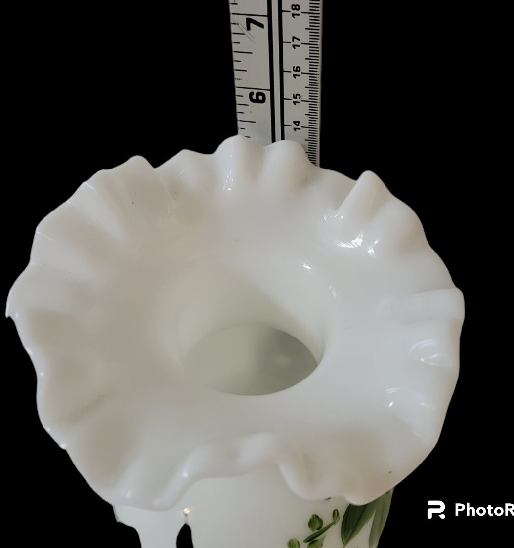 Vintage Glass Violets In The Snow Milk Glass Ruffled Edge Vase