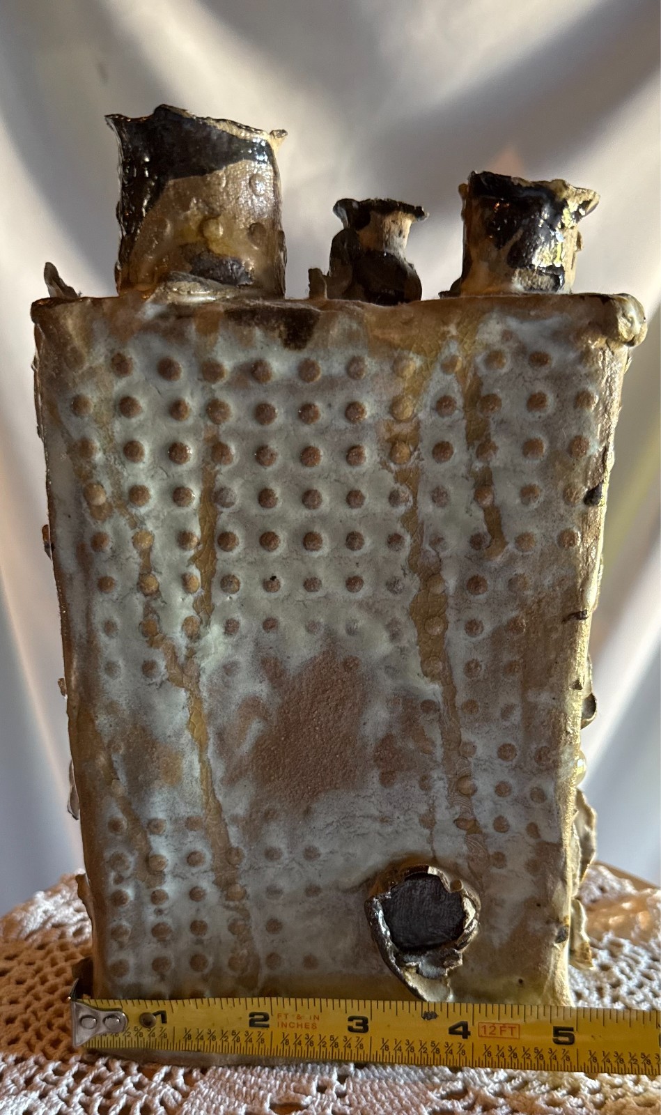 Vintage Stoneware Brutalist Textured Studio Pottery Rectangular Vase 9″ Bev 1975