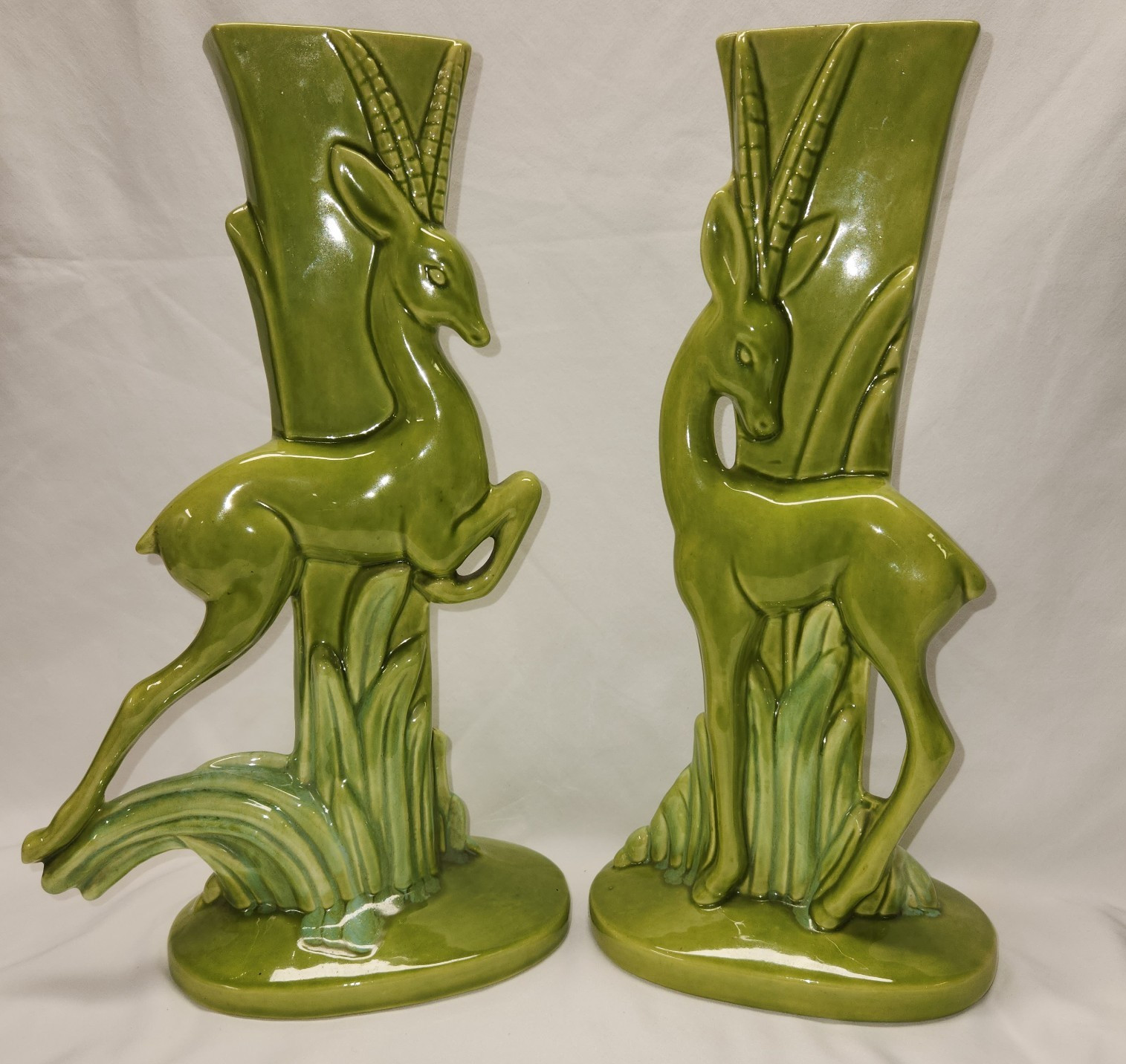 Mid-Century Modern, ROYAL HAEGER, Pair of 14.5″ Chartreuse Gazelle Vases #R706