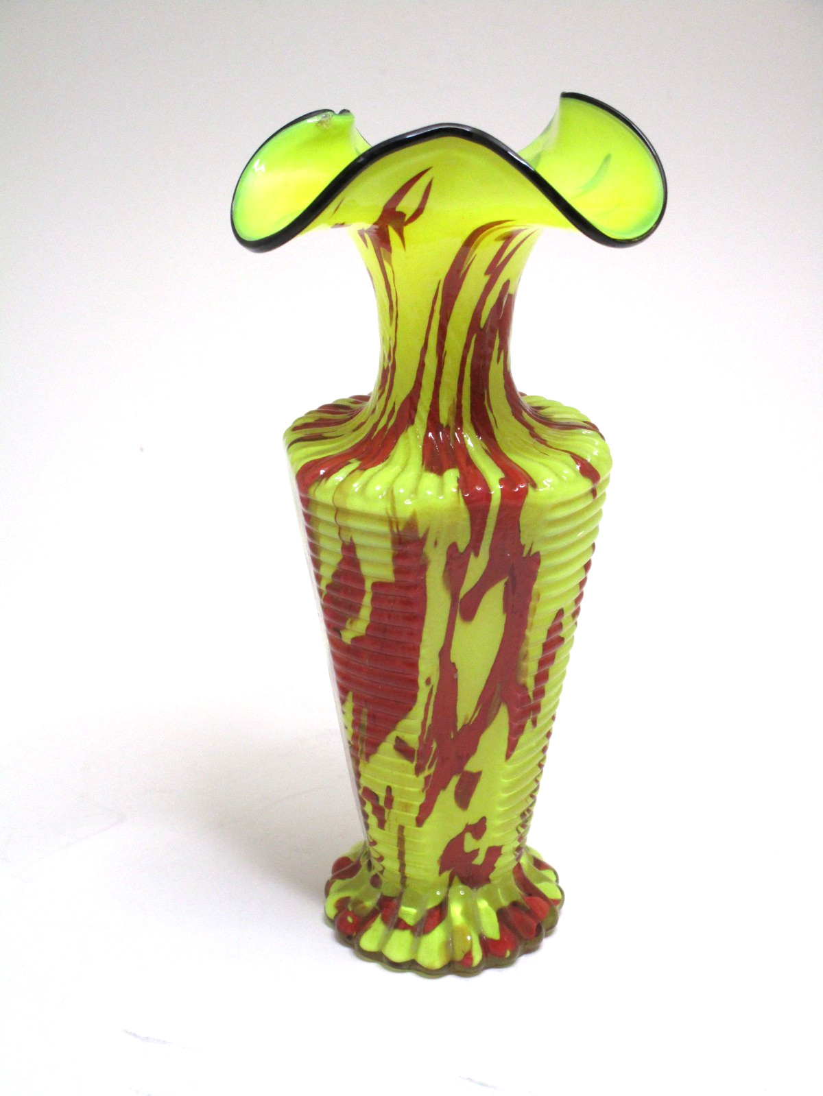 Antique Franz Welz Bohemian Czech Art Glass Ruffle Splatter Vase Cadmium UV Glow