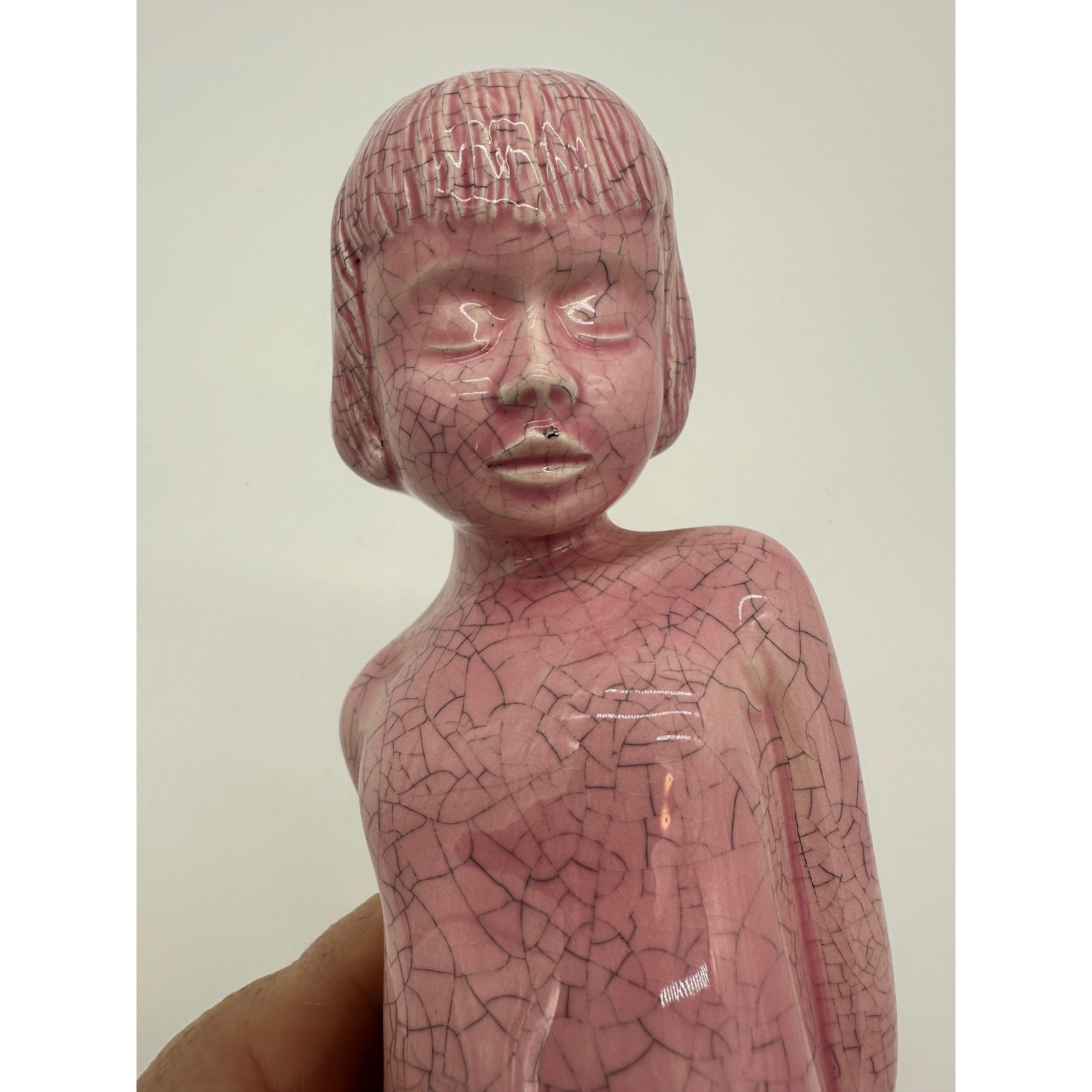 Art Deco Vintage Figurine 1966 Kneeling Girl Pink Crackle Glaze MCM 8 in