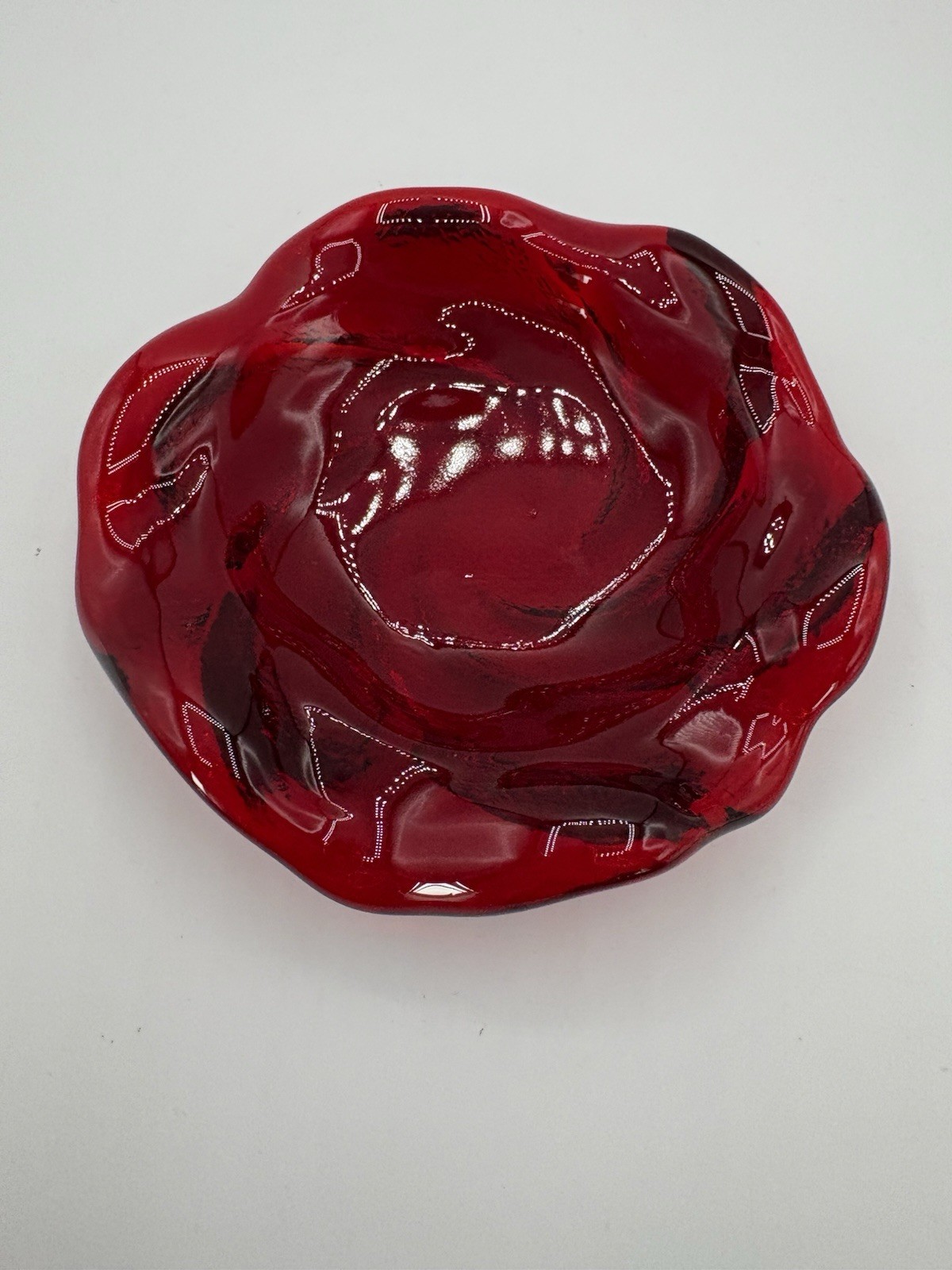 Vintage Fenton Ruby Red Swirl Dish GLOWS Trinket Ashtray Art Glass Textured 5”