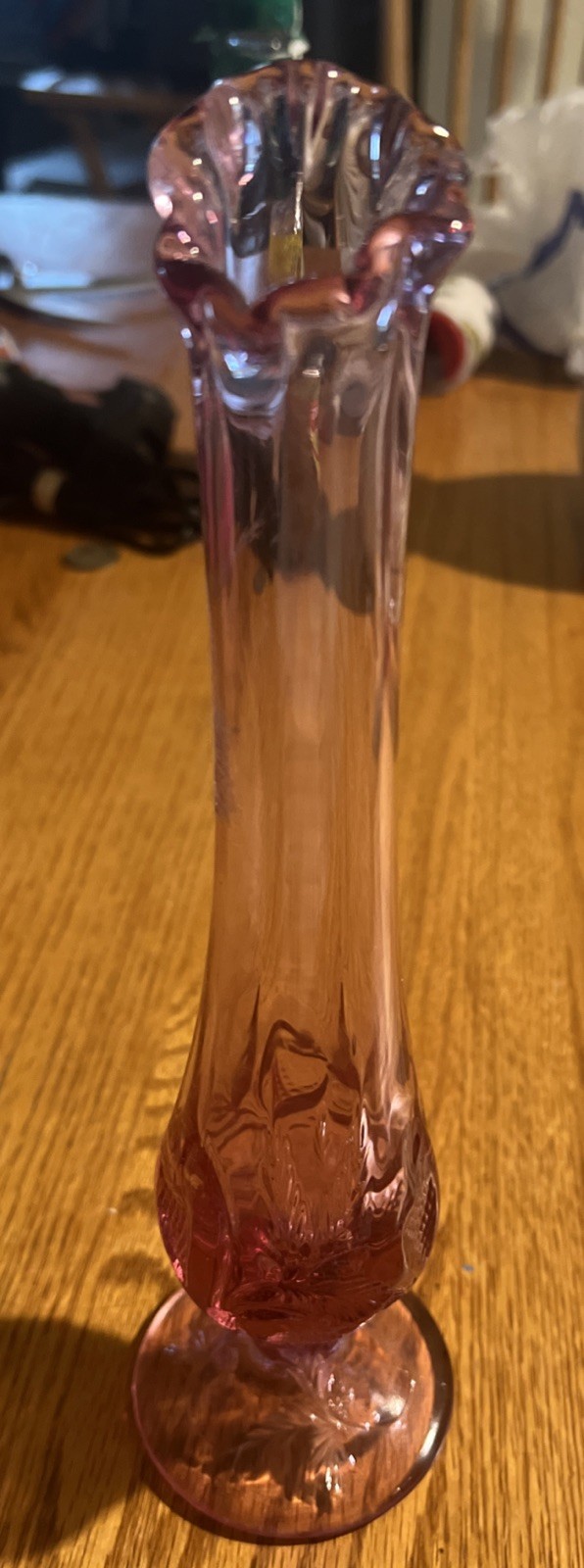 Vtg 1980s Fenton Swung Wild Strawberry 10″ Bud Vase Footed Pink Glass