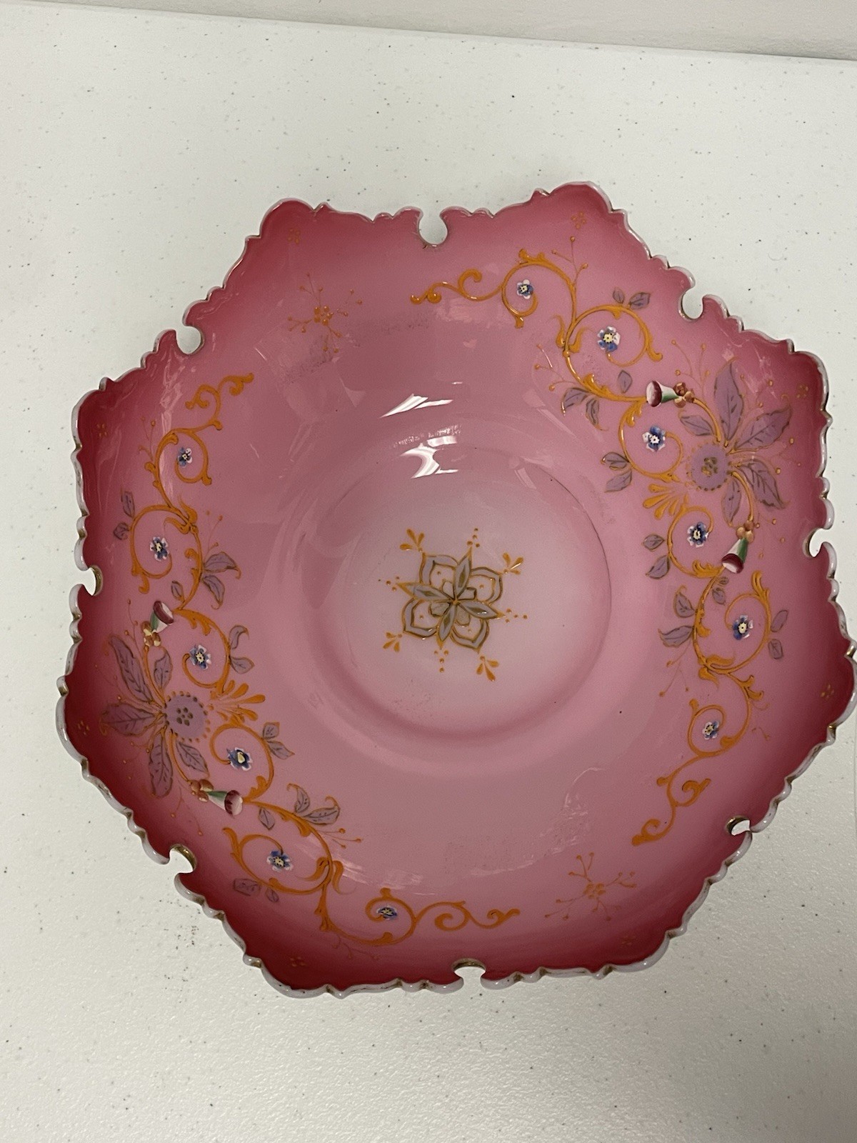 Victorian 9” brides basket glass bowl hand painted florals with stunning detail