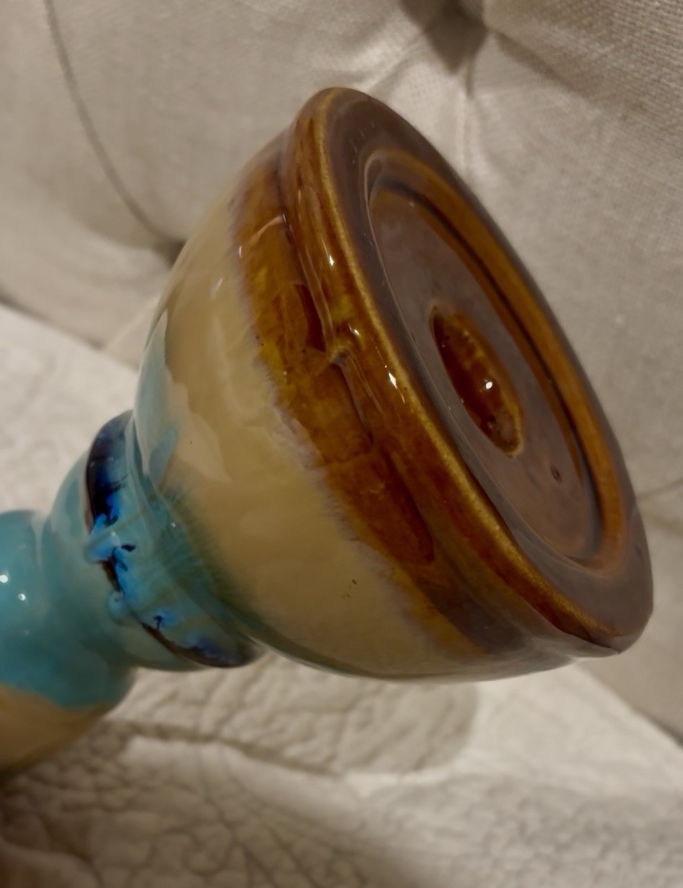 Vintage Art Pottery Pillar Candlestick Holder Drip Glaze Multi Colors 9” Heavy