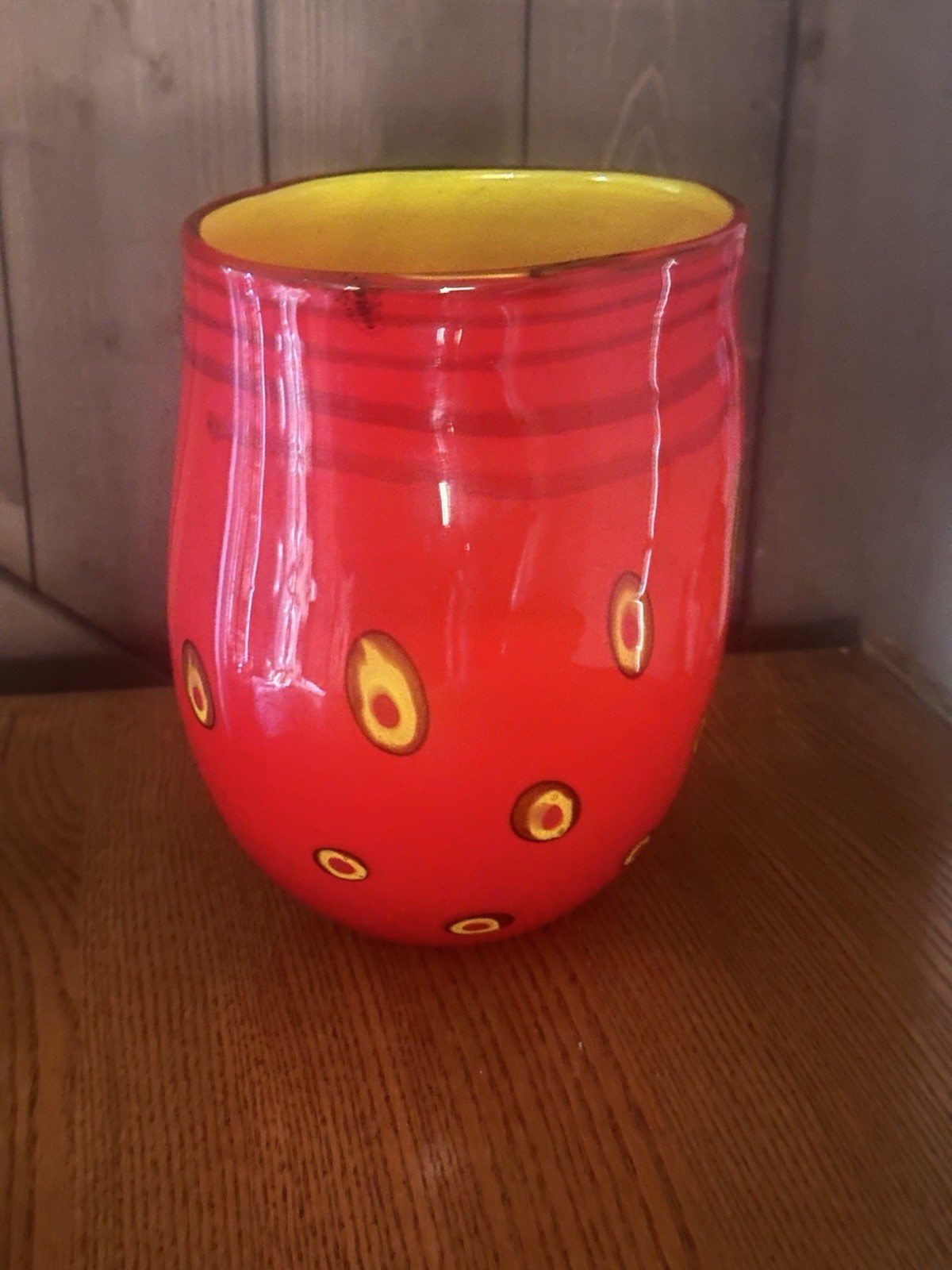 Red Murano Vase With Black And Yellow Spot Design And Yellow Interior