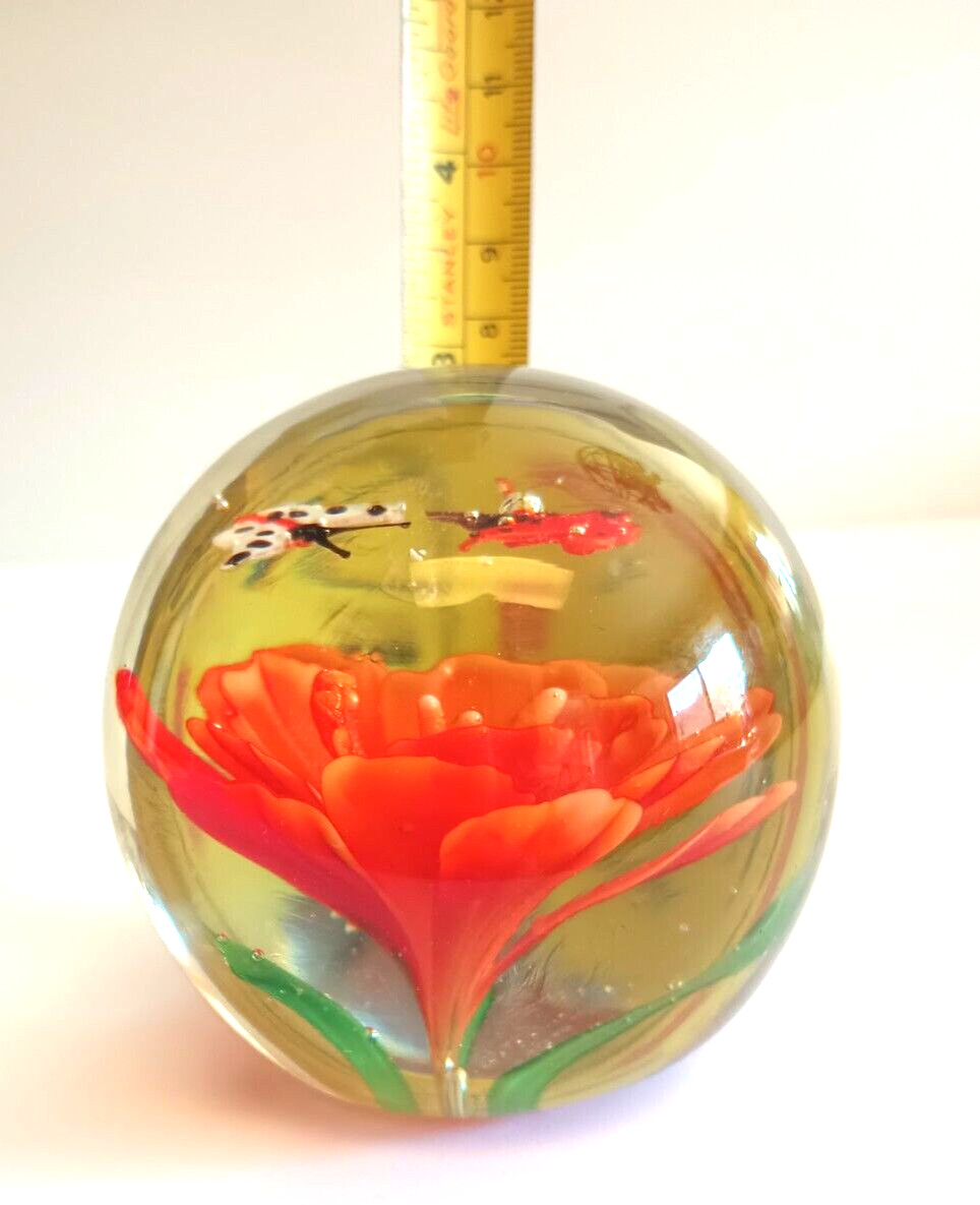 Glass Paperweight with Blush Red Flower and Two Butterflies Art Vintage