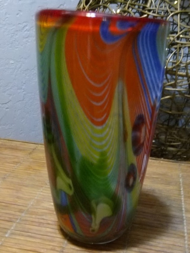 Multicolor Swirl Art Glass Cylinder Vase, Abstract Colorful Decorative Decor