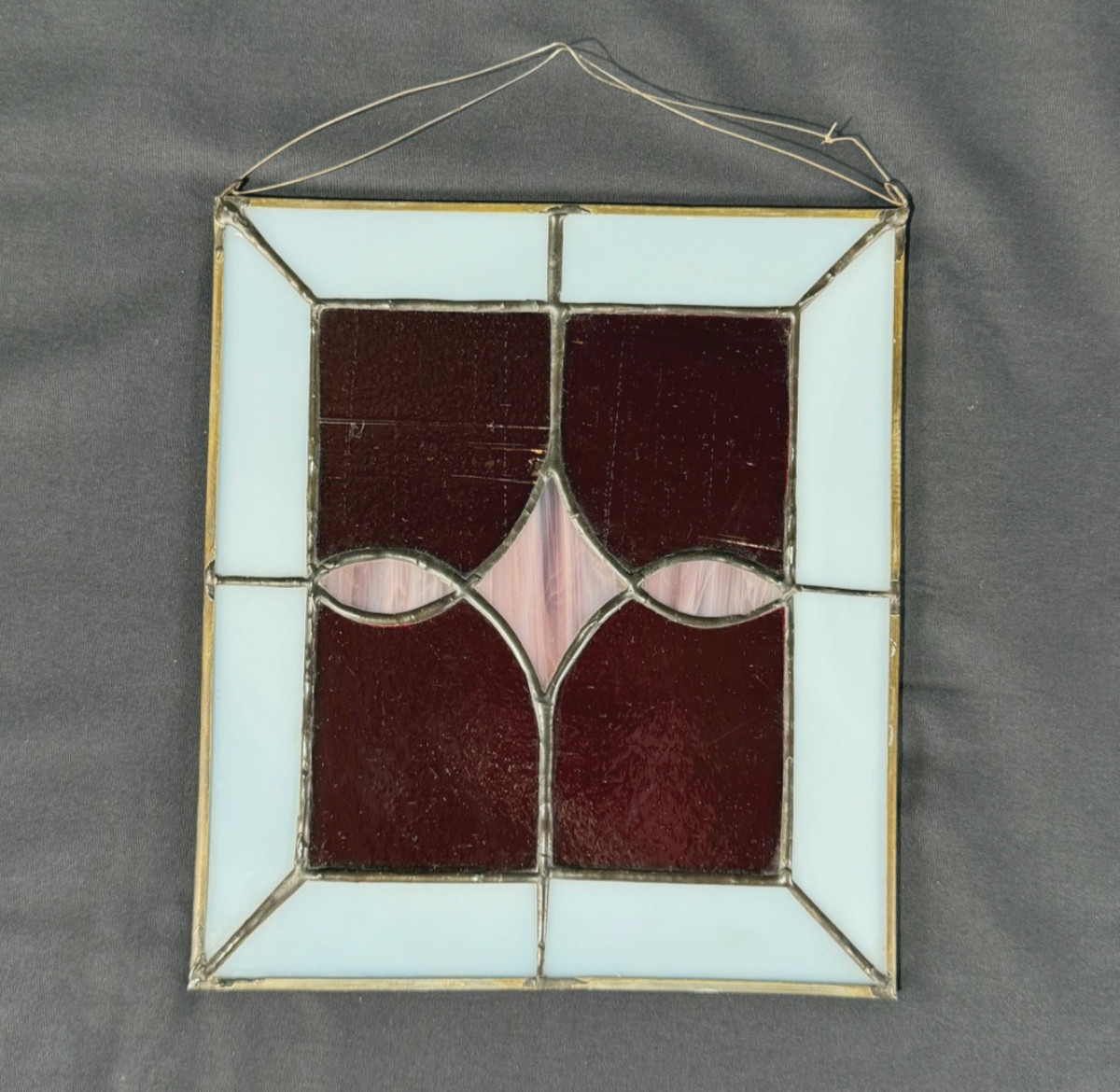 Vintage Stained Glass Panel Red Geometric Hanging Suncatcher Window 7.5″ x 8.5″
