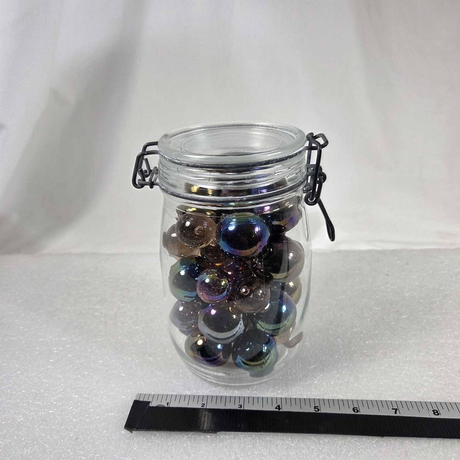 Iridescent Glass Marbles in Clear Locking Jar 7in Tall Decor Approx 4lb 9oz