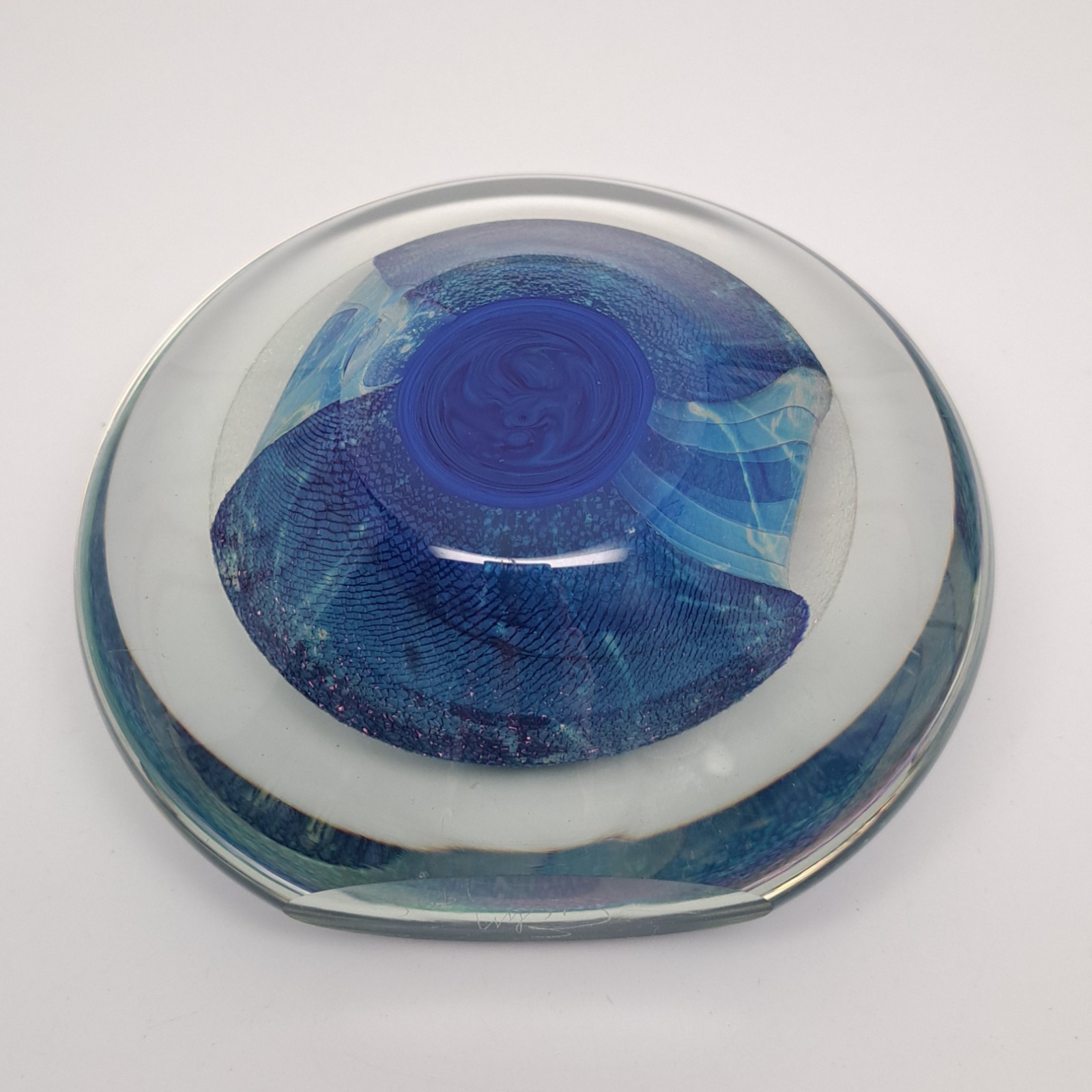 Eickholt Art Glass Paperweight 1995 Blue Seascape Dichroic Disc Double Position