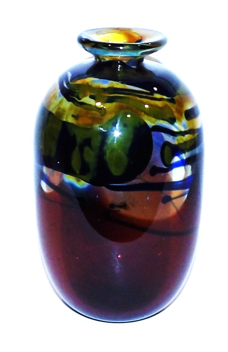STUNNING 1974 ARTIST SIGNED ART GLASS BROWN BLUE YELLOW 7″ VASE