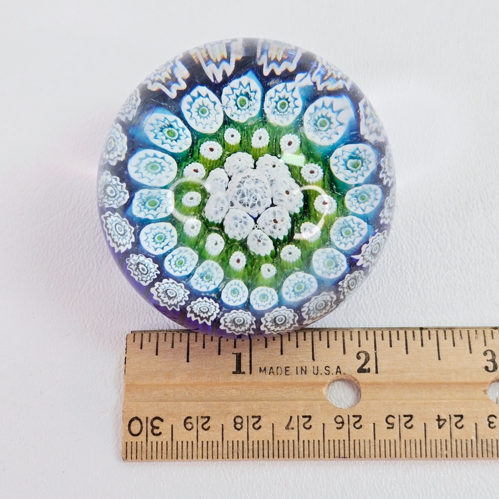 Vintage Art Glass Blue Green Floral Star Paperweight