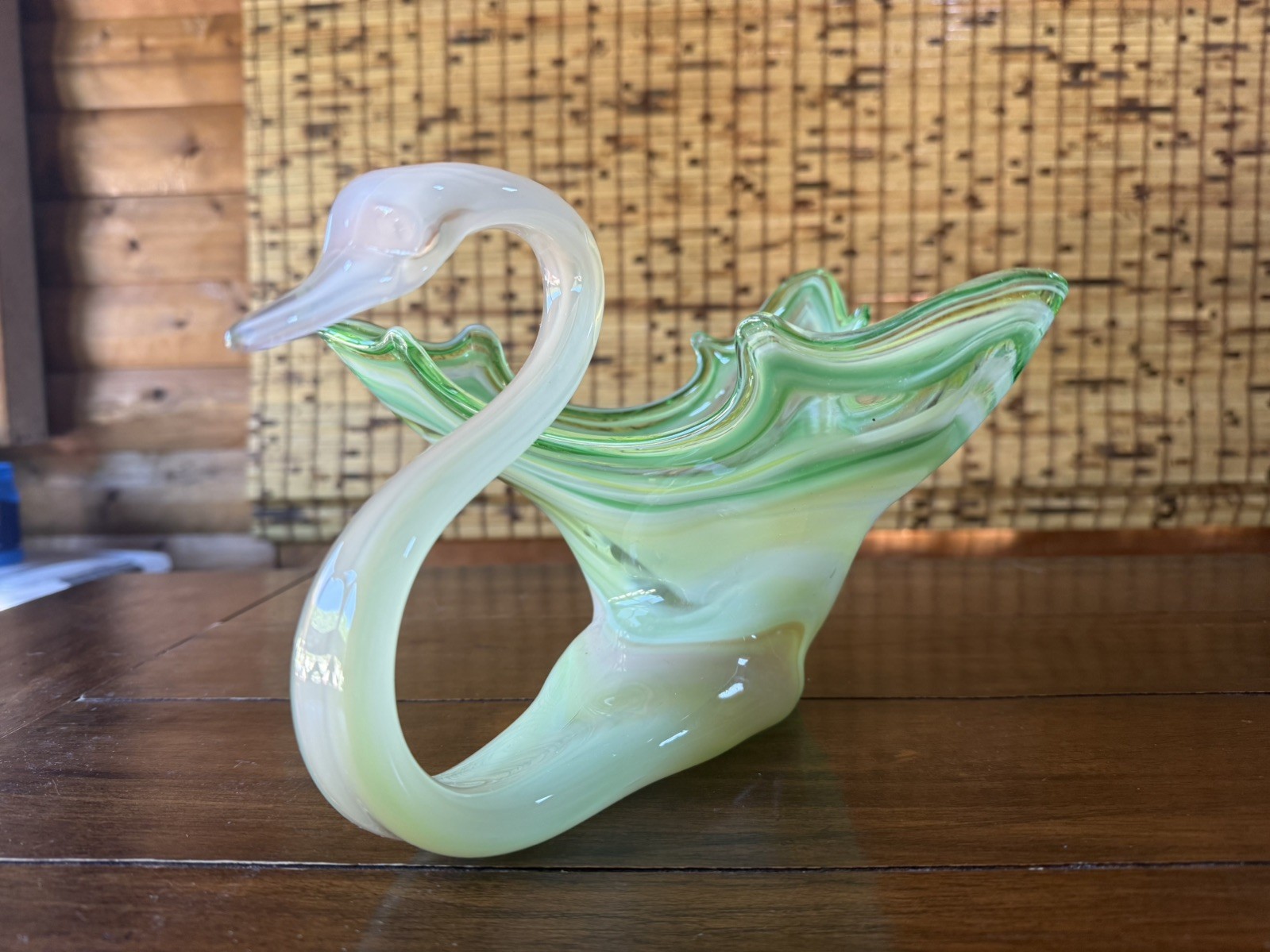 Vintage Art Glass Swan Bowl Green Murano Style Hand Blown Mid Century Decor