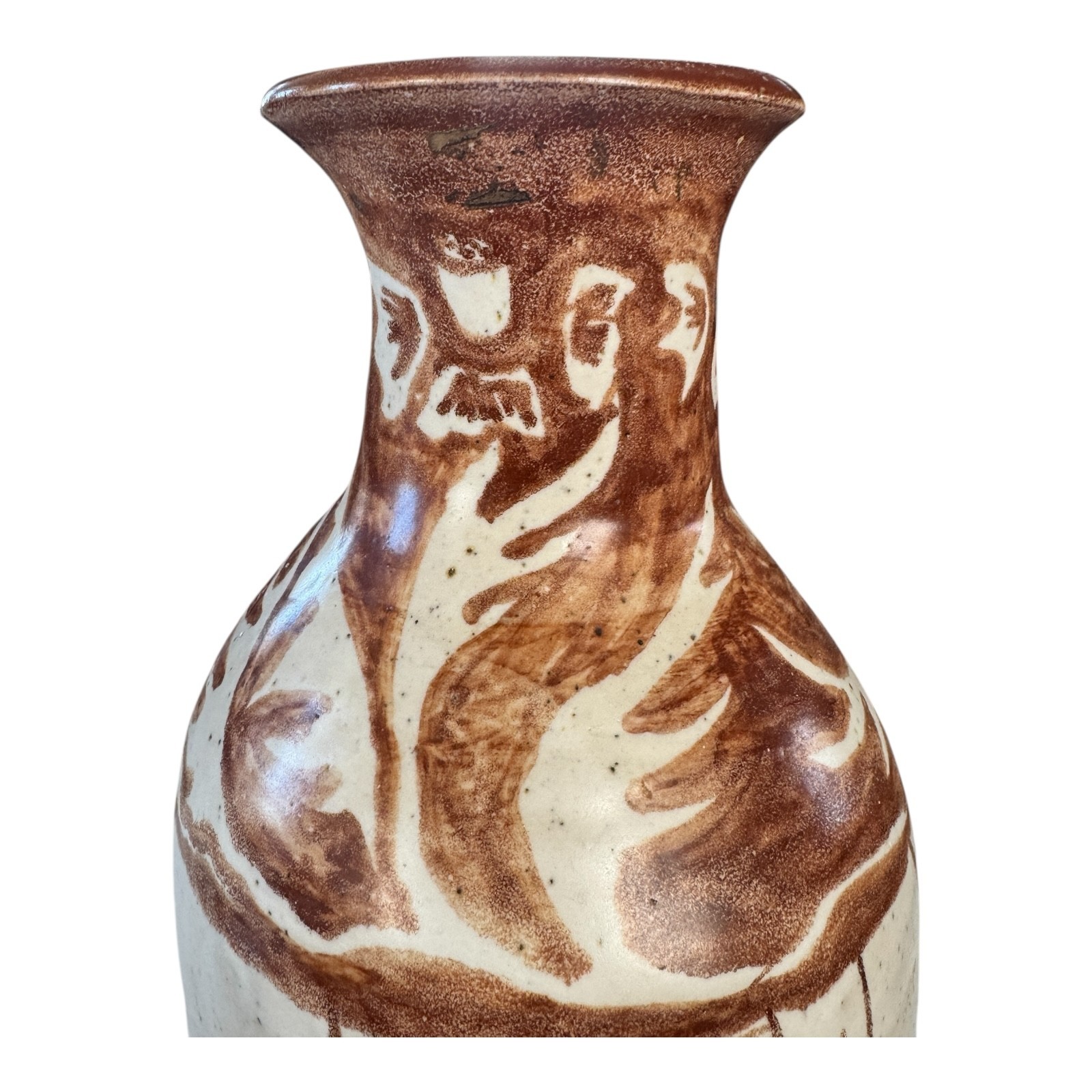 Vintage Tall Handmade Studio Art Pottery Stoneware Vase – Cream & Brown Glaze