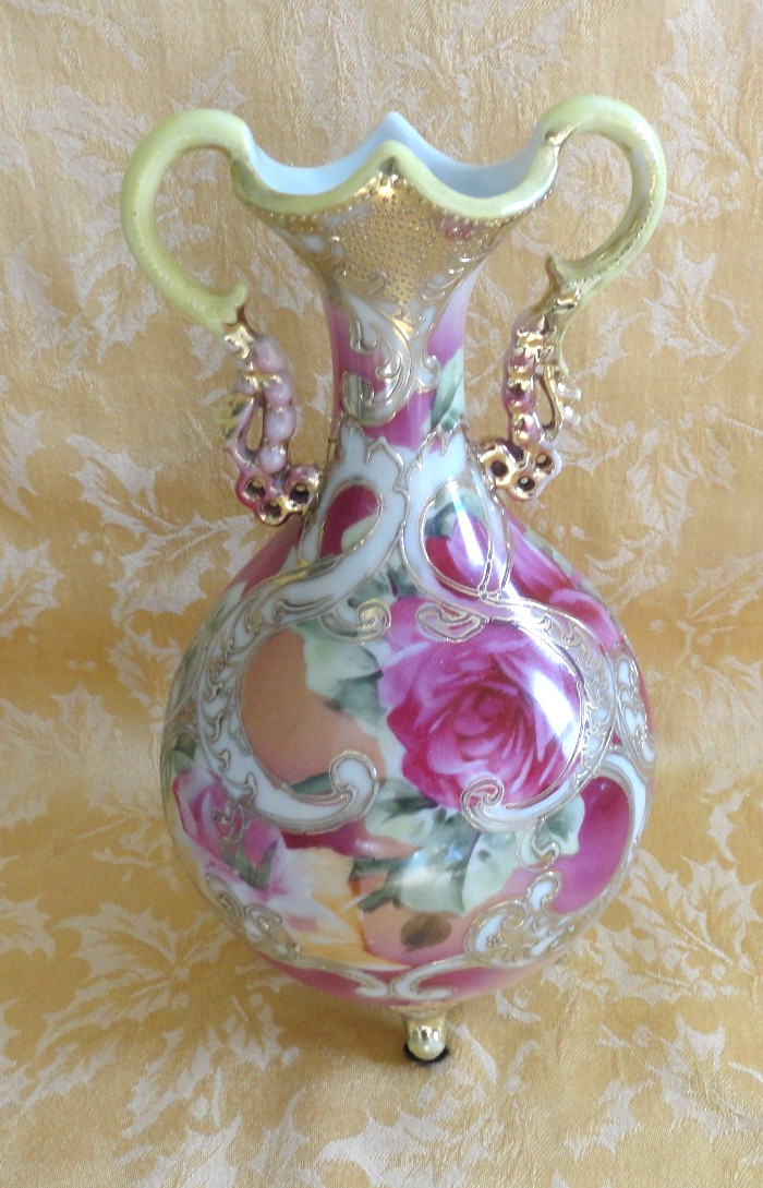 Antique Nippon Moriage Hand Painted Handled/Footed Rose Gold Gilt Vase