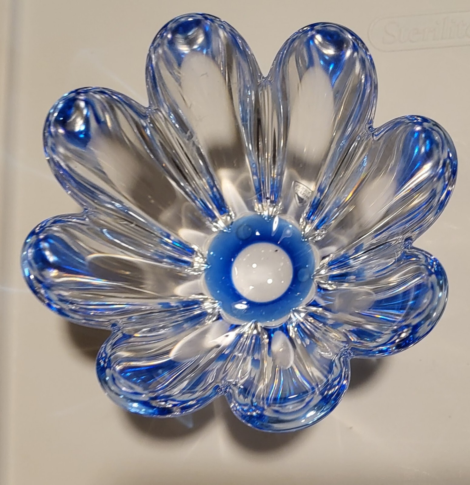 ORREFORS Art Glass Crystal Blue Home Table Decor Bowl Mayflower Flower Petals