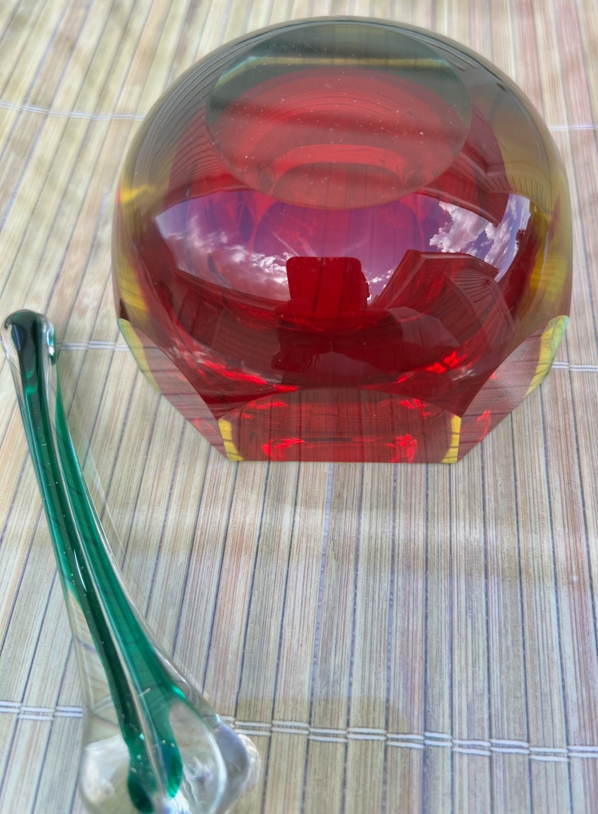 VINTAGE Faceted Red Murano Diamond Cut Glass Bowl