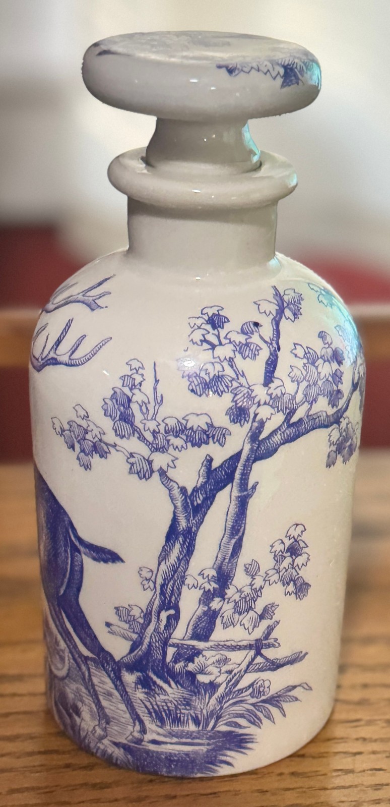 Vintage Porcelaine de Paris France Stag Hunt Blue White Porcelain Bottle Label