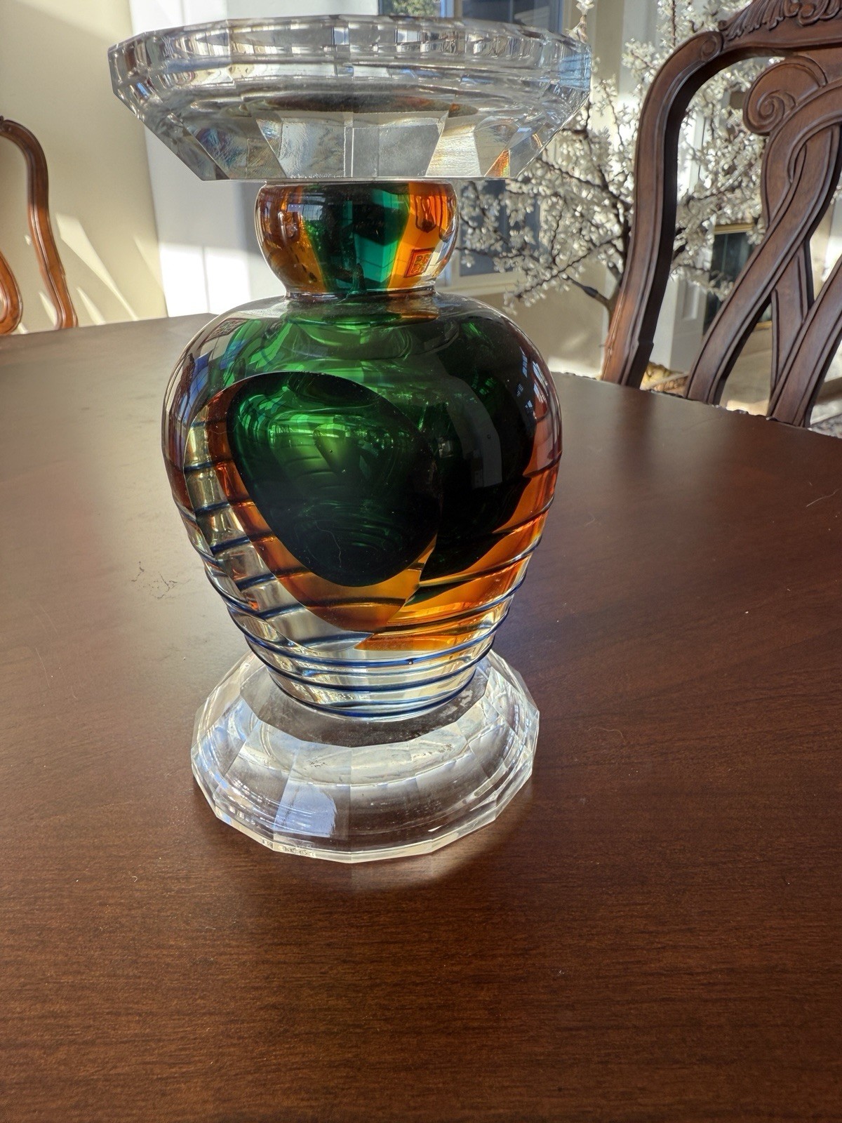 Fifth Avenue Crystal Faceted Clear, Green and Orange Art Glass Candle Holder