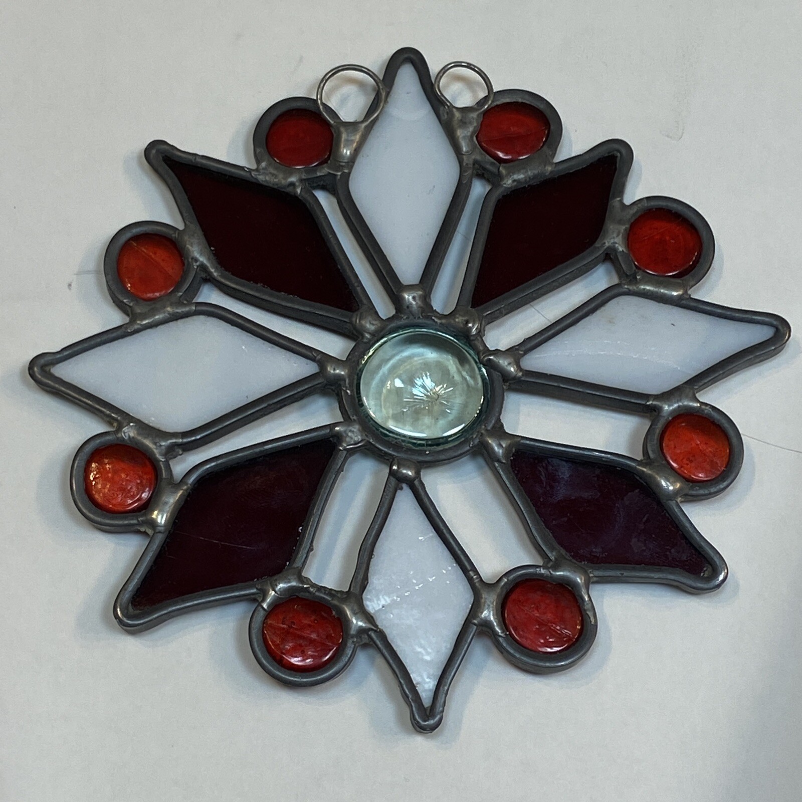 Stained Glass Snowflake Red White Glass Vintage Old Ornament Decoration Hanging